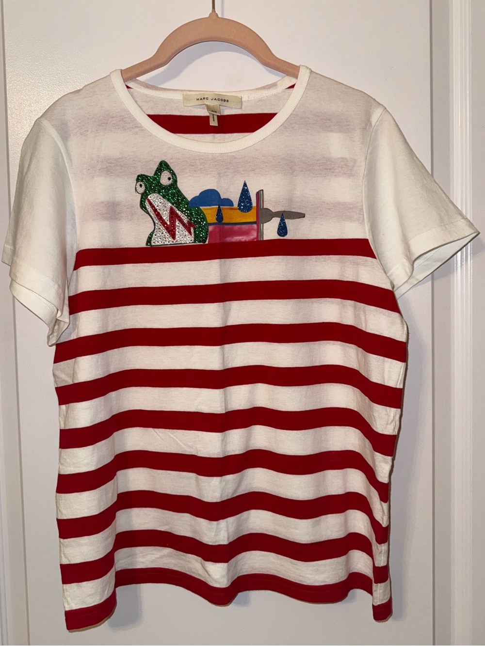 Marc Jacobs Women’s White & Red Striped Tee with Embellished Design Size M